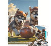 Puzzle da 1000 pezzi per adolescenti con cuccioli di husky e football americano old school, gioco rilassante, difficile e stimolante, regalo di compleanno, regalo 38x26cm