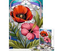Puzzle da 1000 pezzi per adolescenti con design a vetrata ︰ Armonia tra papaveri e ibisco Giochi rilassanti per il divertimento in famiglia Giocattoli decorativi per la casa Migliora l'amore