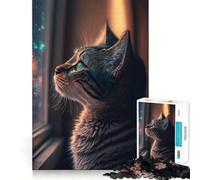 Puzzle da 1000 pezzi per adolescenti con gatto che guarda fuori dalla finestra,gioco dai bordi puliti,rompicapo cognitivo,gioco di ozio,regalo di Natale (50x75cm)