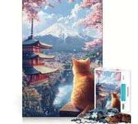 Puzzle da 1000 pezzi per adolescenti con gatto che osserva il Monte Fuji,Giappone Gioco di precisione con intagli fini,ideale per allenare la concentrazione e creare momenti di tranquillità Regalo