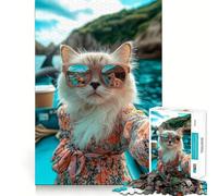 Puzzle da 1000 pezzi per adolescenti con gatto con occhiali da sole su una barca,gioco dai bordi puliti,rompicapo cognitivo,gioco di ozio,regalo di Natale (38x26cm)