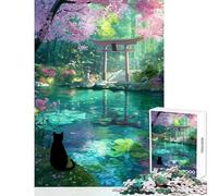 Puzzle da 1000 pezzi per adolescenti con gatto nero al santuario e laghetto di ciliegi in fiore: gioco rompicapo per migliorare la memoria decorazione per la casa giocattolo antistress regalo