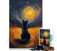Puzzle da 1000 pezzi per adolescenti con gatto nero che guarda il cielo vorticoso,gioco dai bordi puliti,rompicapo cognitivo,gioco di ozio,regalo di Natale (38x52cm)