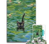 Puzzle da 1000 pezzi per adolescenti con gatto nero che nuota nello stagno delle ninfee, regalo di compleanno per trascorrere le vacanze a casa dai 14 anni in su, 38x26cm