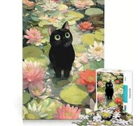 Puzzle da 1000 pezzi per adolescenti con gatto nero nello stagno delle ninfee, gioco per famiglie, decorazione da parete, per rafforzare l'amore tra le coppie 38x52cm