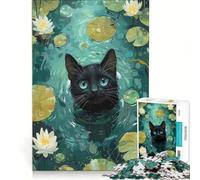 Puzzle da 1000 pezzi per adolescenti con gatto nero nello stagno delle ninfee, gioco per famiglie, decorazione da parete, per rafforzare l'amore tra le coppie 38x52cm