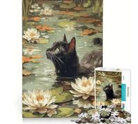 Puzzle da 1000 pezzi per adolescenti con gatto nero nello stagno delle ninfee, gioco per famiglie, decorazione da parete, per rafforzare l'amore tra le coppie 38x52cm