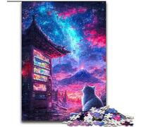 Puzzle da 1000 pezzi per adolescenti con gatto sotto il monte Fuji, antistress, per ammazzare il tempo in casa, con poster abbinato e foglio di quiz (26x38cm)
