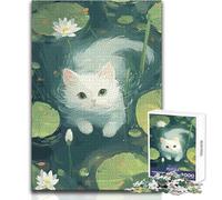 Puzzle da 1000 pezzi per adolescenti con illustrazione di un gatto bianco nello stagno delle ninfee, giocattolo, gioco intellettuale, vacanze a casa, regali di Babbo Natale segreto, dimensioni 38x26cm