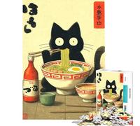 Puzzle da 1000 pezzi per adolescenti con illustrazione di un gatto nero che mangia ramen Puzzle per adulti giochi rilassanti decorazione perfetta ideale come regalo (dimensioni 38x52cm)
