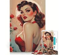 Puzzle da 1000 pezzi per adolescenti,con ragazza mora in stile pin-up e rose rosse,bordo pulito,gioco di logica cognitiva,gioco di svago,regalo di Natale (50x75cm)