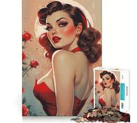 Puzzle da 1000 pezzi per adolescenti,con ragazza mora in stile pin-up e rose rosse,bordo pulito,gioco di logica cognitiva,gioco di svago,regalo di Natale (38x52cm)
