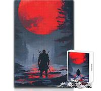 Puzzle da 1000 pezzi per adolescenti con silhouette di samurai sotto la luna rossa, bellissimo gioco di design, migliora la memoria, regalo di compleanno, dimensioni 38x26cm