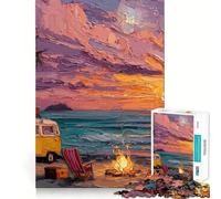 Puzzle da 1000 pezzi per adolescenti con spiaggia al tramonto con furgone e falò,taglio liscio,gioco mentale,regalo,relax,tempo libero,Natale,arte (38x52cm)