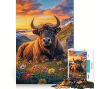 Puzzle da 1000 pezzi per adolescenti con toro tra i fiori al tramonto,intagli precisi,gioco divertente per allenare la concentrazione e per i momenti di tranquillità,regalo di Natale (38x26cm)