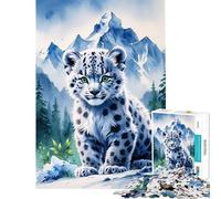 Puzzle da 1000 pezzi per adolescenti con un simpatico cucciolo di leopardo delle nevi tra le montagne acquerelli attività divertenti da fare a casa sfida impegnativa gioco educativo per ragazzi