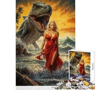 Puzzle da 1000 pezzi per adolescenti con una bellissima ragazza e un dinosauro sulla spiaggia Gioco educativo giocattolo didattico decorazione da parete per rafforzare l'amore tra le coppie (50x75cm)