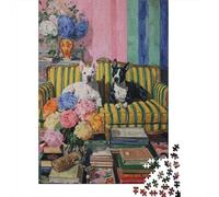 Puzzle Da 1000 Pezzi Per Adolescenti Cozy Dogs on Striped Couch with Flowers Puzzle Per Adulti Giocattolo Decorazione Da Parete Modello Da Assemblare Ottimo Regalo Per I Giocatori 52x38cm/1000pcs