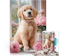 Puzzle da 1000 pezzi per adolescenti Cucciolo di Golden Retriever con peonie Analisi e logica offerte come regali per tutta la famiglia 38x26cm