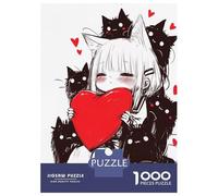 Puzzle Da 1000 Pezzi Per Adolescenti Cute Anime Neko Girl with Red Heart And Black Cats Puzzle Per Adulti Giochi Rilassanti Regalo Di Compleanno Regali Per Amici E Familiari 52x38cm/1000pcs