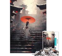 Puzzle da 1000 pezzi per adolescenti Donna in kimono con ombrello sulle scale giocattolo educativo giochi didattici taglio di precisione opera d'arte regalo (dimensioni 38x26cm)