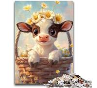 Puzzle da 1000 pezzi per adolescenti e adulti Mucca in un cesto di fiori Gioco stimolante e gioco educativo per famiglie per compleanno, Natale 26x38cm