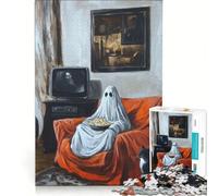 Puzzle da 1000 pezzi per adolescenti: Fantasma che guarda la TV con un gatto, gioco pratico, assemblaggio di modelli, compleanno e Natale 38x52cm