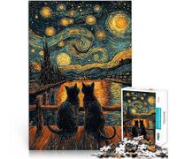 Puzzle da 1000 pezzi per adolescenti Gatti della notte stellata Per il divertimento in famiglia con poster abbinato e foglio di quiz 75x50cm