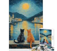 Puzzle da 1000 pezzi per adolescenti Gatti sul fiume illuminato dalla luna Decorazione per la casa Giocattoli Opere d'arte Regalo Giochi divertenti Allena il tuo cervello e le tue mani 38x26cm