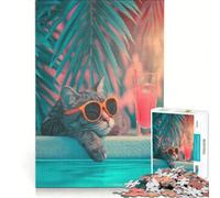 Puzzle da 1000 pezzi per adolescenti, gatto alla moda che si rilassa a bordo piscina, decorazione da parete, regalo di compleanno, per rafforzare l'amore tra le coppie 38x52cm