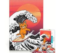 Puzzle da 1000 pezzi per adolescenti gatto arancione che fa surf su un'onda gigante giocattolo antistress divertente attività da fare in casa ideale come regalo 38x26cm