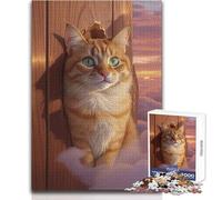 Puzzle da 1000 pezzi per adolescenti Gatto arancione che sbircia attraverso una porta di legno Rilassante Tempo libero Preciso Interblocco Precisione Giocattolo Dimensioni 50x75cm