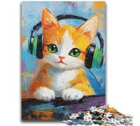 Puzzle da 1000 pezzi per adolescenti Gatto che ascolta musica Difficile da completare ma divertente e umoristico Regalo di compleanno, regali, decorazione da parete 38x26cm