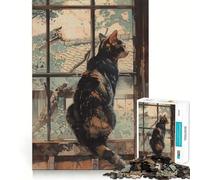 Puzzle da 1000 pezzi per adolescenti Gatto che guarda fuori dalla finestra,dipinto ad acquerello,intagli precisi,arte,allenamento della concentrazione,gioco divertente per i momenti di tranquillità