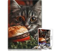Puzzle da 1000 pezzi per adolescenti Gatto che ha voglia di hamburger Calma Piacevole Tempo libero Divertimento Stretto Senza cuciture Precisione Giocattolo Dimensioni 38x52cm