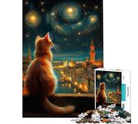 Puzzle da 1000 pezzi per adolescenti gatto che osserva Firenze sotto un cielo stellato puzzle per adulti giocattolo fai da te gioco stimolante per passare il tempo durante le vacanze a casa (50x75cm)