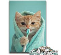 Puzzle da 1000 pezzi per adolescenti Gatto che si lava i denti Difficile e stimolante con poster abbinato e foglio di quiz per età 14 26x38cm