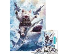 Puzzle da 1000 pezzi per adolescenti Gatto con pistole Cavalca uno squalo Gioco per famiglie Sfida di intelligenza Giocattolo avvincente Opera d'arte Regalo Attività per famiglie (Dimensioni 38x26cm)