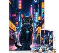 Puzzle da 1000 pezzi per adolescenti gatto cyberpunk nella città al neon decorazione per la casa giocattoli regali di compleanno giochi rilassanti sfida educativa (dimensioni 38x26cm)