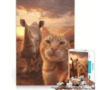 Puzzle da 1000 pezzi per adolescenti: Gatto e rinoceronte che si fanno un selfie al tramonto, gioco divertente, allena la mente e la mano, migliora l'amore tra le coppie 38x52cm