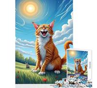 Puzzle da 1000 pezzi per adolescenti Gatto felice nel prato Giocattoli antistress Opera d'arte Regalo Gioco rompicapo con poster abbinato e foglio di quiz Dimensioni 38x52cm