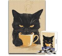 Puzzle da 1000 pezzi per adolescenti Gatto nero che beve caffè Rilassante e dolce svago Giocattolo artigianale con taglio fine e liscio Dimensioni 50x75cm