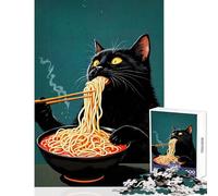 Puzzle da 1000 pezzi per adolescenti Gatto nero che mangia noodles Ramen giocattoli antistress regalo di compleanno gioco rompicapo con poster abbinato e foglio di quiz dimensioni 38x52cm