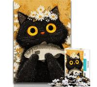 Puzzle da 1000 pezzi per adolescenti Gatto nero che mangia pesce, giocattoli, giochi educativi, antistress, migliora l'amore tra coppie, 38x26cm