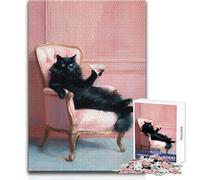 Puzzle da 1000 pezzi per adolescenti Gatto nero con Martini su sedia rosa Rilassante e dolce svago Taglio fine e liscio Giocattolo artigianale Dimensioni 38x52cm