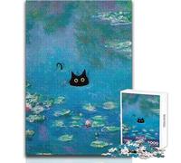 Puzzle da 1000 pezzi per adolescenti Gatto nero nelle ninfee di Monet, giocattoli, giochi educativi ma divertenti e divertenti, opera d'arte da regalo, dimensioni 50x75cm