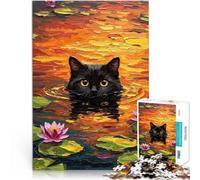Puzzle da 1000 pezzi per adolescenti Gatto nero nelle ninfee Riduzione dello stress interessante Adatto per la decorazione del desktop 38x26cm