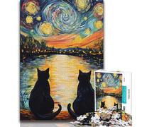 Puzzle da 1000 pezzi per adolescenti "Gatto nero sotto il cielo notturno", difficile da completare ma divertente e umoristico, regalo di compleanno, regali, decorazione da parete 38x26cm