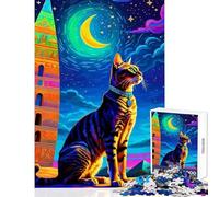 Puzzle da 1000 pezzi per adolescenti Gatto sotto una luna crescente e obelisco Giocattolo Decorazione da parete Regali di compleanno Giochi rilassanti Allena il tuo cervello e le tue mani 38x26cm