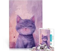 Puzzle da 1000 pezzi per adolescenti Gatto viola sorridente Gioco intellettuale giocattolo con poster abbinato e foglio di quiz 52x38cm